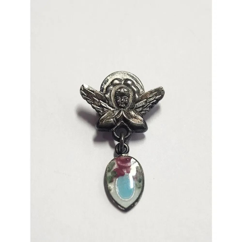 Vintage Angel Sterling Silver Drop Pin Religious 925